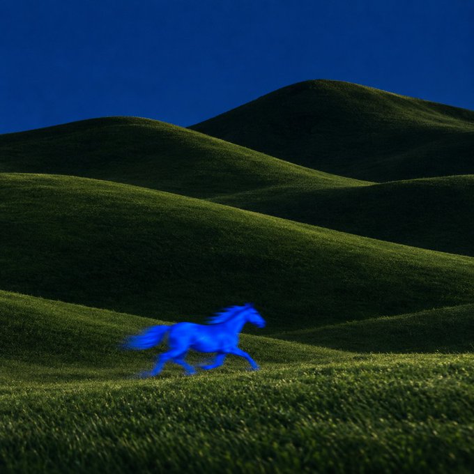 A vibrant blue horse gallops across lush, rolling green hills under a deep blue sky, embodying the boundless spirit of chasing opportunity. The surreal imagery mirrors the post's message of limitless potential and freedom.