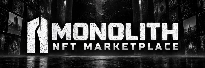 A black and white promotional banner for the 'MONOLITH NFT MARKETPLACE' with a cracked stone-textured logo against a backdrop of dark screens.