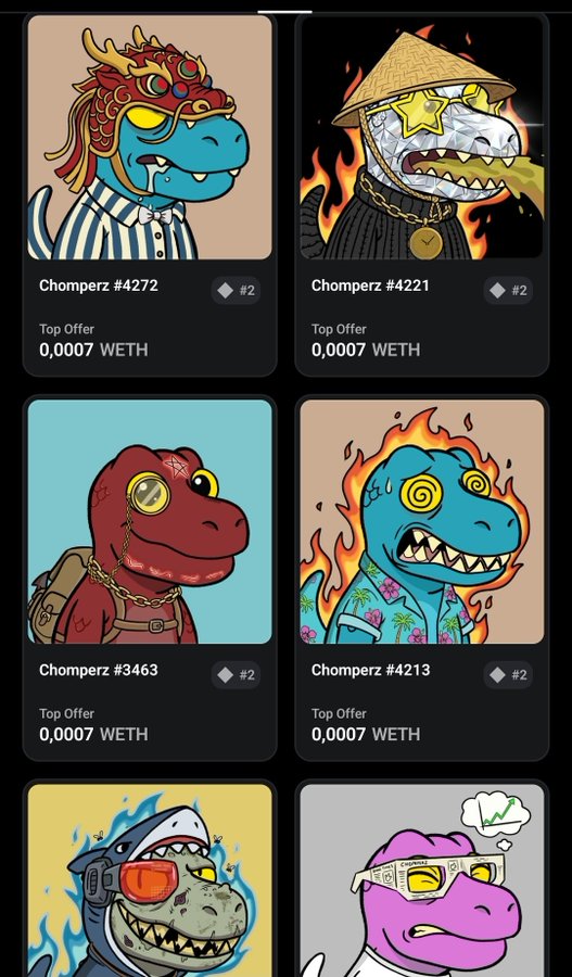 The image shows a gallery of Chomperz NFTs (including #4272, #4221, #3463, and #4213) on a marketplace, each with a top offer of 0.0007 WETH and tagged as "#2." The post references the user's excitement about returning online to discover the @Chomperz_nft reveal, which aligns with the image showcasing the newly revealed dinosaur-themed NFT collection for them to browse.