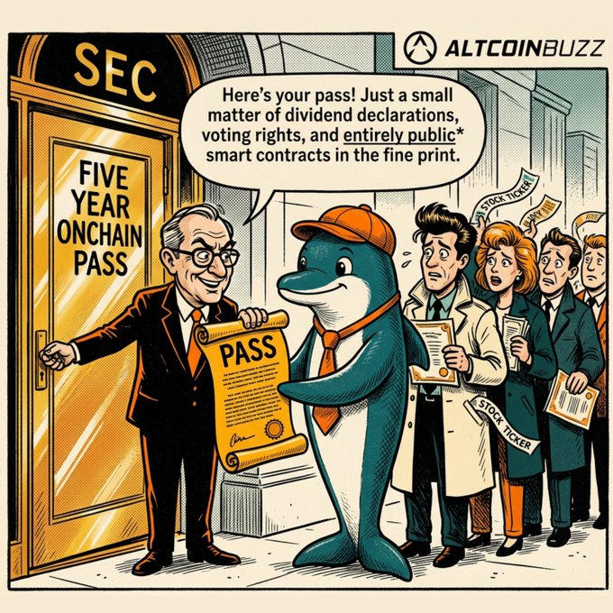 The cartoon depicts an SEC official handing a dolphin a "Five Year Onchain Pass," with the dolphin exclaiming, "Here's your pass! Just a small matter of dividend declarations, voting rights, and entirely public* smart contracts in the fine print," while confused stock traders holding "stock tickets" wait in line, humorously illustrating the SEC's decision to allow U.S. stocks onchain with notable regulatory fine print.