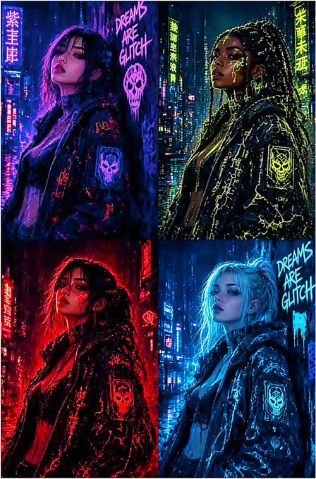 A 2x2 grid of cyberpunk-style digital art illustrations of women in neon-lit cityscapes, with recurring text like "DREAMS ARE GLITCH" and "柴雨菲".
