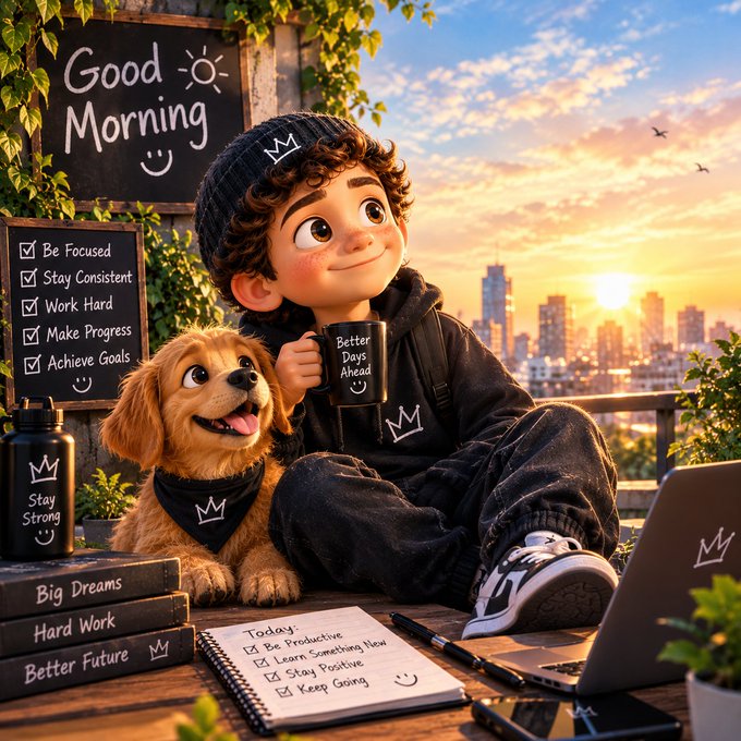 A stylized 3D illustration shows a curly-haired boy with a puppy next to motivational signs reading 'Good Morning,' 'Be Focused / Stay Consistent / Work Hard / Make Progress / Achieve Goals,' and a checklist titled 'Today.'