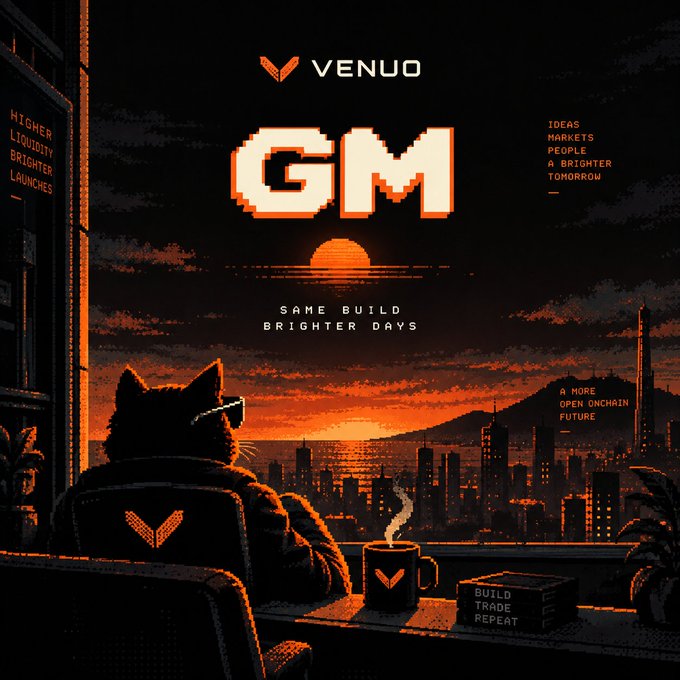 A pixel art poster for 'VENUO' featuring 'GM' and the text 'SAME BUILD BRIGHTER DAYS' over a sunset cityscape viewed by a cat.