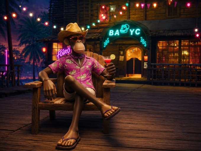 A 3D-rendered anthropomorphic monkey character wearing a pink floral shirt, cowboy hat, and sunglasses, holding a cocktail on a wooden deck at night near a bar labeled 'BABYC 3015'.