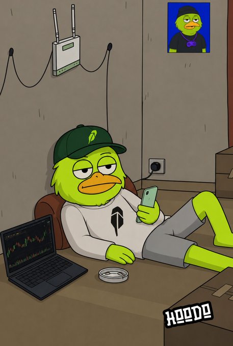 A cartoon illustration of a green duck-like character wearing a cap and hoodie lounging on the floor with a laptop showing trading charts and a phone in hand, with a 'HOOD' logo in the corner.