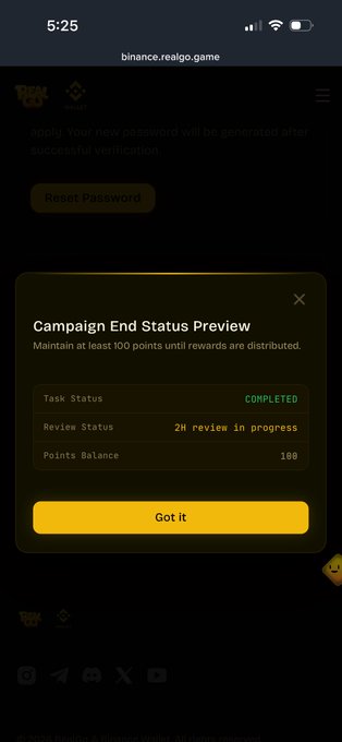 A screenshot of a Binance Wallet campaign page showing a "Campaign End Status Preview" popup, with task status marked COMPLETED, a 24-hour review in progress, and a points balance of 100. The post criticizes these campaigns as a waste of time, highlighting the long delays and minimal rewards.
