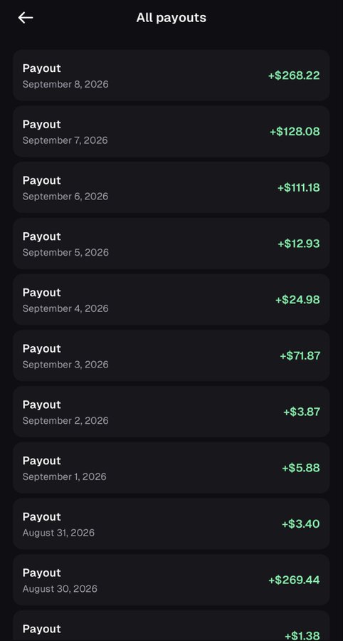 A mobile app screenshot titled 'All payouts' showing a list of daily earnings in green text, with entries ranging from September 1-8, 2026 and August 30-31, 2026.