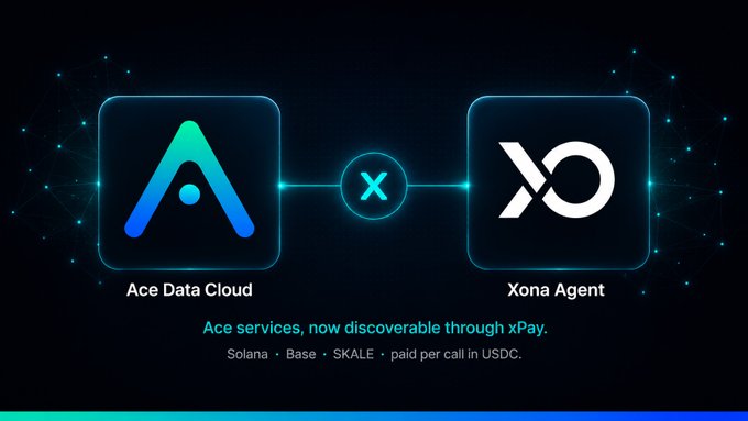 The image features a promotional poster for Ace Data Cloud and its partner, Xona Agent. The poster displays two blue squares with white text that reads "Ace Data Cloud" and "Xona Agent", along with a list of services available on both platforms. The poster also includes a call to action inviting users to explore the catalog and access the listed AI models for free.