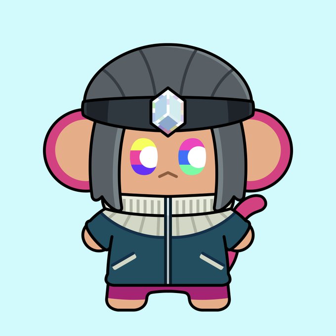 A chibi-style cartoon monkey with colorful, mismatched eyes, a beanie featuring a diamond emblem, and a blue puffer jacket stands against a light blue background. The image appears to represent a "Chimper" NFT, aligning with the post's mention of Chimpers and Genesis Chimpers NFTs, and includes a small pink tail that complements the playful character design.