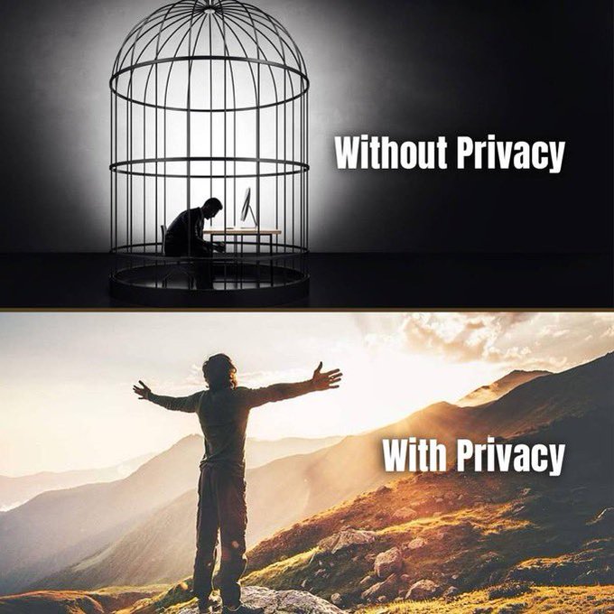 A two-panel graphic contrasts 'Without Privacy' (showing a hunched silhouette inside a wire cage with a computer) against 'With Privacy' (showing a person with outstretched arms standing on a sunlit mountain).
