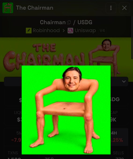 The screenshot shows a meme token called "The Chairman" ($USDG) on Robinhood via Uniswap V4, featuring a disturbing image of a smiling man's face superimposed onto a nude body posed like a chair. The absurd, shocking nature of the meme token's imagery fits the post's joke implying Solana developers are behind bizarre, surreal projects now appearing on Robinhood.