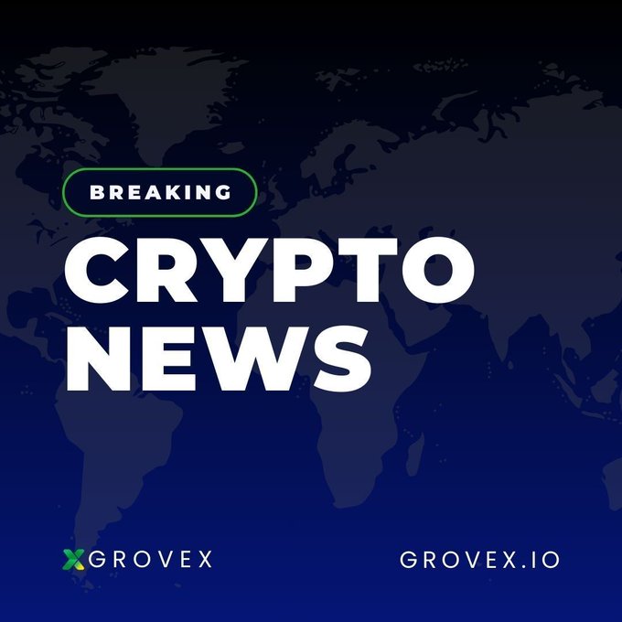 A dark blue graphic featuring a world map silhouette displays "BREAKING CRYPTO NEWS" in bold white text, with a "GROVEX" logo at the bottom left and "GROVEX.IO" at the bottom right—serving as a header banner for the daily crypto news update.