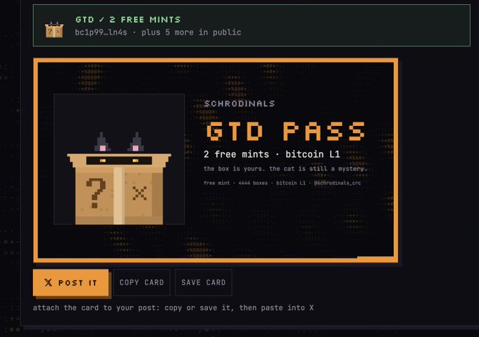 A digital NFT card titled 'GTD PASS' from a collection called '$CHRODINALS', offering '2 free mints · bitcoin L1' with options to 'POST IT', 'COPY CARD', or 'SAVE CARD'.