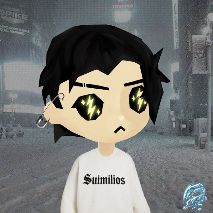 A chibi-style anime character with black hair, a safety pin earring, and starry yellow lightning-bolt eyes wears a white shirt reading 'Suimilios'; a small blue dragon watermark appears in the bottom right corner.