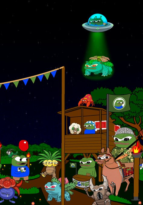 A colorful cartoon scene at night featuring various frog-like characters and a llama gathered around a wooden treehouse, with one frog being abducted by a UFO emitting a green beam.