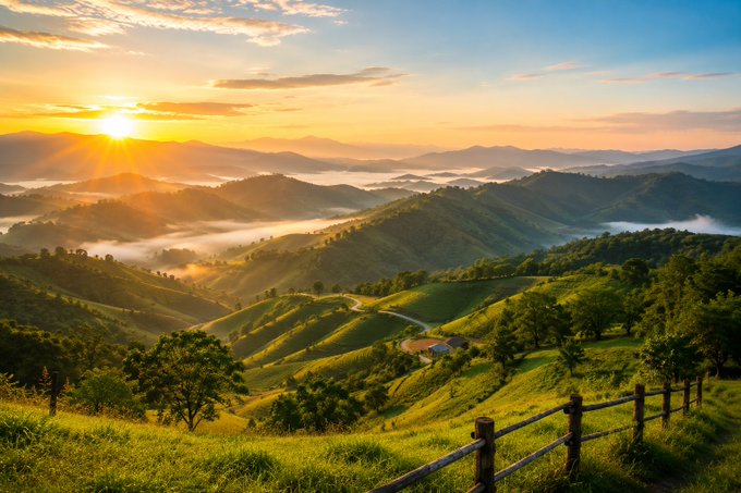 A scenic landscape of rolling green hills and misty valleys illuminated by a golden sunrise, with a small house and wooden fence in the foreground.