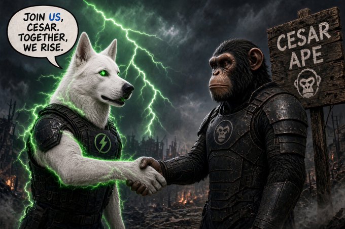 A dramatic AI-generated image showing a white wolf and an ape in medieval armor shaking hands amid lightning, with the wolf saying "JOIN US, CESAR. TOGETHER, WE RISE." in a speech bubble and a "CESAR APE" sign with a skull logo on the right.
