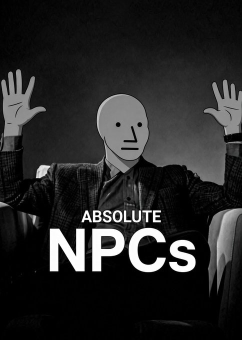 A black-and-white graphic of a masked figure in a suit with hands raised, overlaid with the large white text 'ABSOLUTE NPCs'.