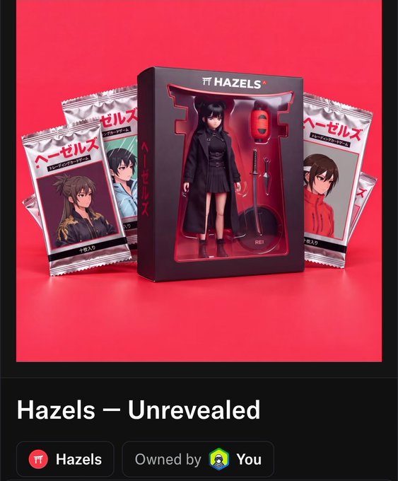 A product page for a 'Hazels' collectible figure titled 'Hazels — Unrevealed,' showing a dark-haired anime figure in a black coat displayed in a window box with character card packs around it.