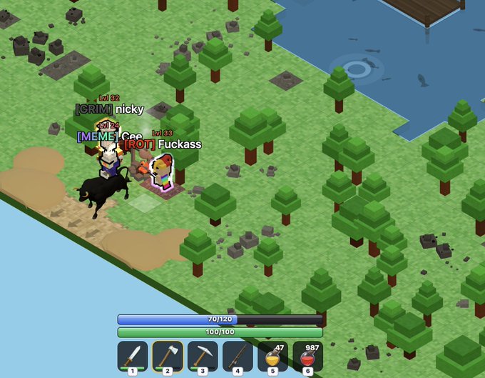 A screenshot from an isometric survival or crafting game shows two player avatars—one labeled "[CRIM] nicky" and another labeled "[ROTI] Fuckass"—standing with a black horse among blocky trees and rocks, with inventory slots and health bars at the bottom of the screen.