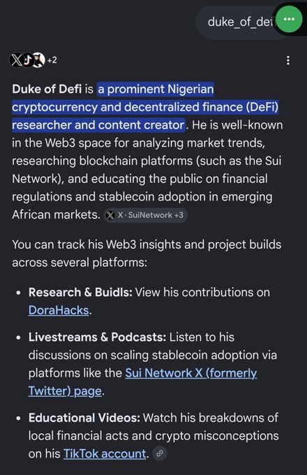 A Twitter/X post describing Duke of Defi as a Nigerian cryptocurrency and DeFi researcher/content creator, highlighting his work on the Sui Network and links to his DoraHacks, Sui Network X page, and TikTok account.