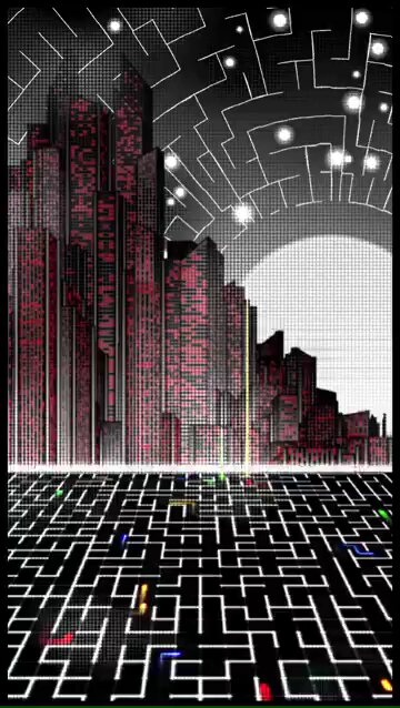 The image features a maze-like scene with buildings, neon lights, and a large screen displaying an animated cityscape at night. The maze appears to be made of lines and dots, creating a sense of depth and complexity. The text "After acquiring my first Deus Ex Machina then why not it's linked Enigma." is present in the image, which could be interpreted as a reference to the popular video game series Deus Ex or an artistic representation of the maze-like cityscape.