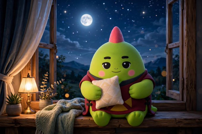 A cute, green pear-shaped character with a red cone hat and maroon cape sits on a wooden windowsill at night, hugging a small pillow while bathed in the warm glow of a nearby lamp, with a starry full moon sky visible through the open window. The image perfectly complements the post about struggling with sleep discipline, as the sleepy creature, branded as @sleepagotchi, embodies the bedtime companion concept, illustrating how willpower fades at night and something gentle and engaging is needed to help curb the dopamine-seeking habit of picking up the phone in favor of actually resting.