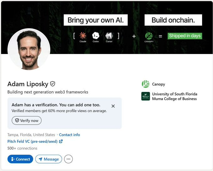A LinkedIn profile page for Adam Liposky, who is building next generation web3 frameworks, affiliated with Canopy and University of South Florida Muma College of Business.