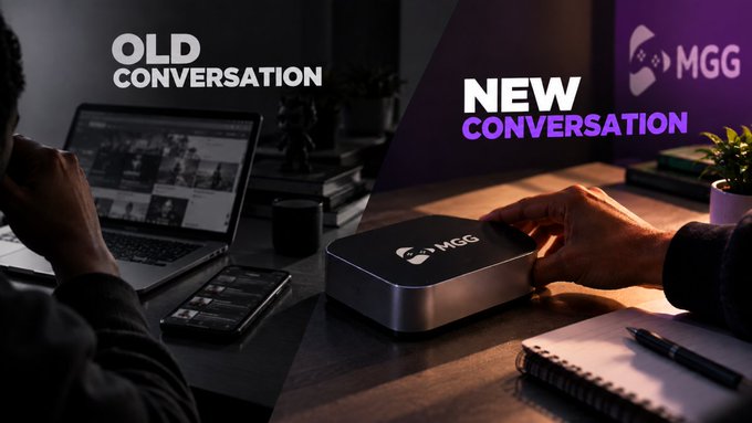 A promotional graphic contrasting 'OLD CONVERSATION' (a person on a laptop) with 'NEW CONVERSATION' (a hand interacting with an MGG device on a desk).