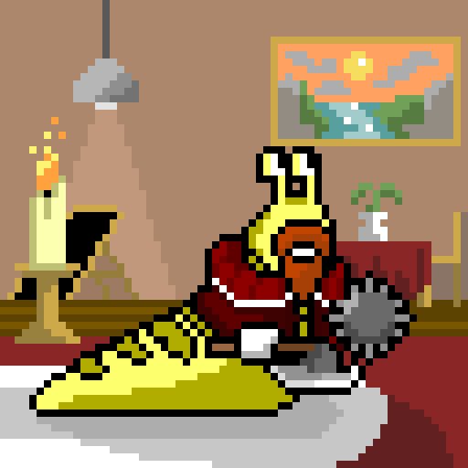 A pixel art image showing a green and yellow creature with large eyes slumped over a table in a dimly lit room with a candle, a hanging lamp, and a framed landscape painting on the wall.