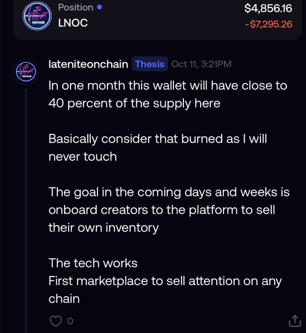 A screenshot showing a position in LNOC valued at $4,856.16 (down -$7,295.26), with a post from 'lateniteonchain' stating the wallet will hold close to 40 percent of supply and describing plans to onboard creators to sell inventory.
