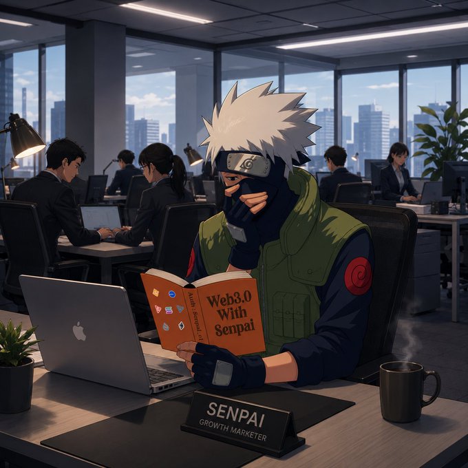 Kakashi, styled as a "SENPAI Growth Marketer," reads a book titled "Web3.0 With Senpai" at a corporate desk, humorously bridging his iconic ninja mentor persona with Web3 hustle culture—fitting for a casual "gm" (good morning) crypto greeting.