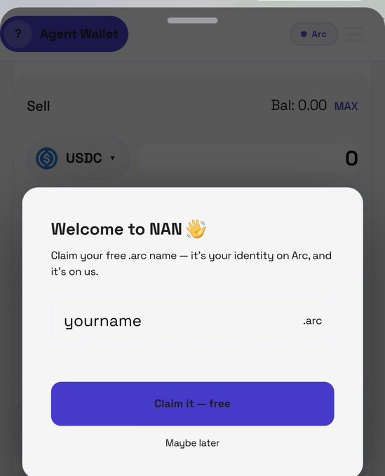 A mobile app interface for 'Agent Wallet' showing a 'Welcome to NAN' pop-up inviting users to claim a free .arc name, with a 'Claim it — free' button.