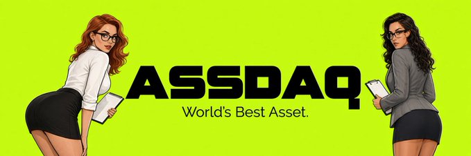 A green promotional banner with the text 'ASSDAQ World's Best Asset.' flanked by two illustrations of women in office attire.