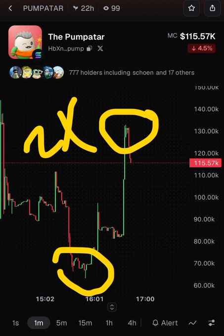 A cryptocurrency price chart for 'The Pumpatar' (PUMPATAR) showing a market cap of $115.57K, down 4.5%, with yellow handwritten annotations.