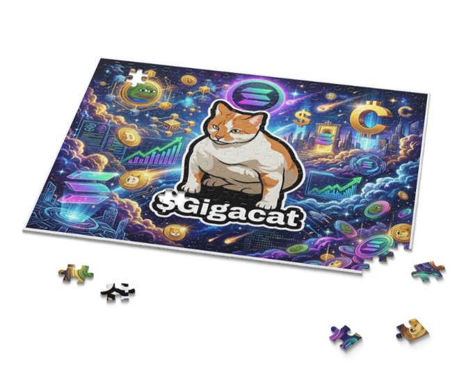 A jigsaw puzzle features a cartoon cat labeled '$Gigacat' amid a vibrant, cosmic background filled with cryptocurrency symbols, charts, and digital elements, with loose puzzle pieces scattered around it.