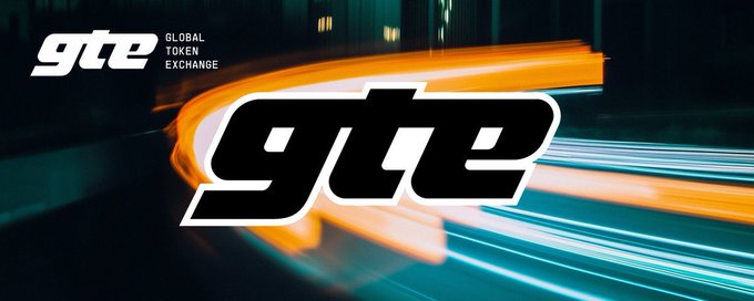 The image features a dynamic, stylized logo for "GTE - Global Token Exchange," displayed in bold white lettering against a backdrop of streaking orange and teal light trails that suggest speed and motion. The smaller version of the logo appears in the top-left corner, reinforcing the brand identity of the decentralized trading platform highlighted in the accompanying post.