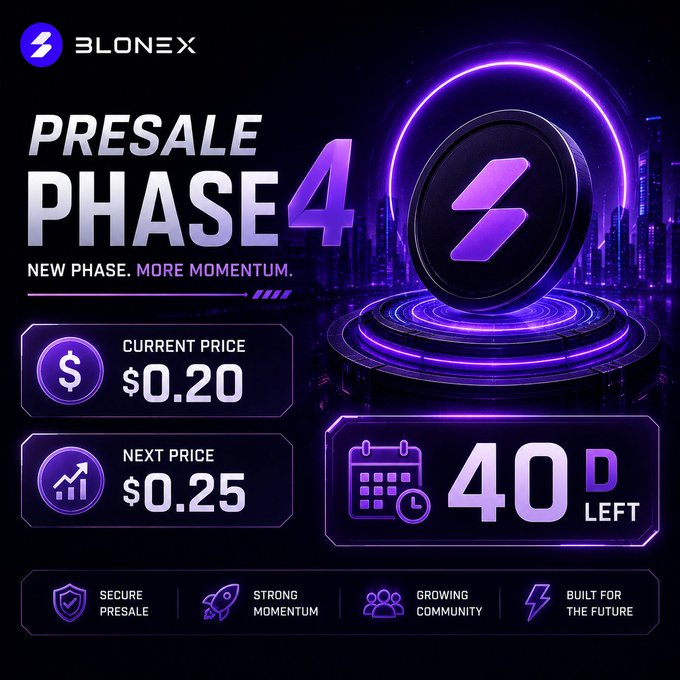 A BLONEX promotional graphic for 'PRESALE PHASE 4' showing a current price of $0.20, next price of $0.25, with 40 days left, highlighting secure presale, strong momentum, growing community, and built for the future.