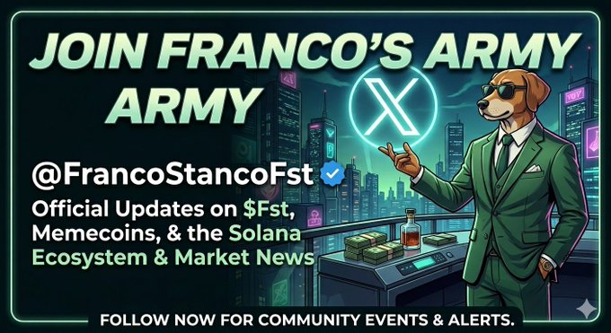 The image features a cartoon dog wearing a suit standing next to a city skyline with neon lights. The caption of the image reads "Big things start in the shadows. $FST launched quietly on Solana, but it's fast becoming a powerhouse driven entirely by its community". This text is related to the post about joining Franco's Army and highlights the importance of community involvement for success.