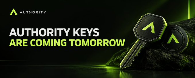 A black-and-neon-green promotional graphic showing a key and key fob, with the text “AUTHORITY,” “AUTHORITY KEYS,” and “ARE COMING TOMORROW.”