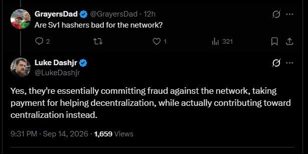 Screenshot of a Twitter exchange where user GrayersDad asks 'Are Sv1 hashers bad for the network?' and Luke Dashjr replies that they are committing fraud against the network.