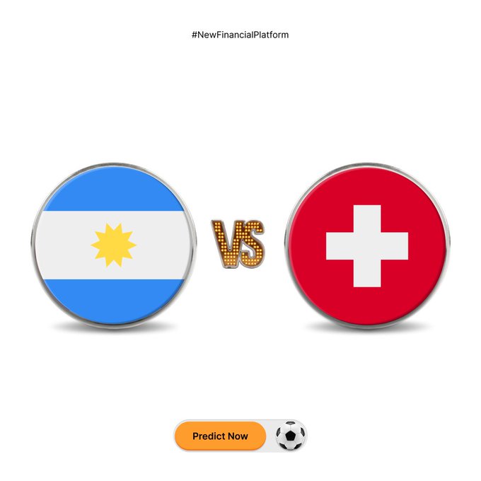 A promotional graphic for a World Cup prediction contest showing two circular buttons featuring the flags of Argentina and Switzerland with "VS" between them, under the header "#NewFinancialPlatform" and above a "Predict Now" button with a soccer ball icon. The image illustrates the upcoming match prediction challenge mentioned in the post, where users can pick between the two teams competing for a semifinal spot to win a share of $1,000,000 in MNT rewards via the Bybit link.