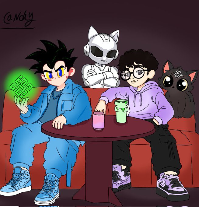 An anime-style digital illustration signed '@NDY' shows two characters sitting on a red couch at a table—one in blue overalls holding a glowing green symbol, the other in a pink hoodie—accompanied by a white cat-like robot and a black cat with symbols on its forehead.