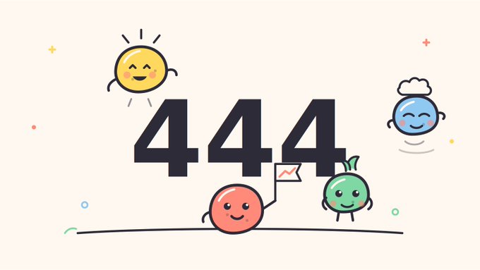 A colorful cartoon graphic displaying the number '444' with a smiling red character holding a chart and small sun and cloud characters around it.