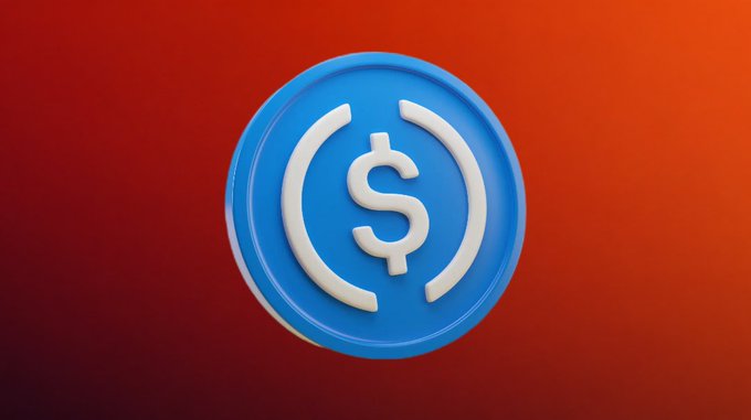 A 3D illustration of the USDC (USD Coin) cryptocurrency logo in blue and white against a gradient orange-red background.