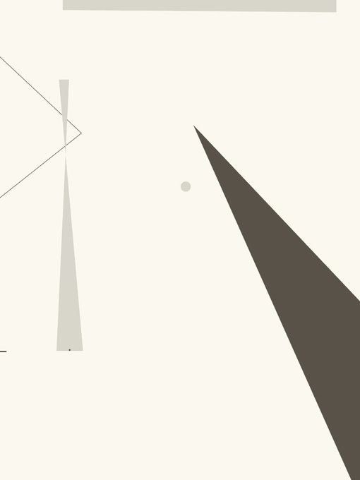 A minimalist abstract design featuring a tall gray triangular shape on the left and a larger dark brown triangular shape on the right, separated by a small gray dot on a cream background.