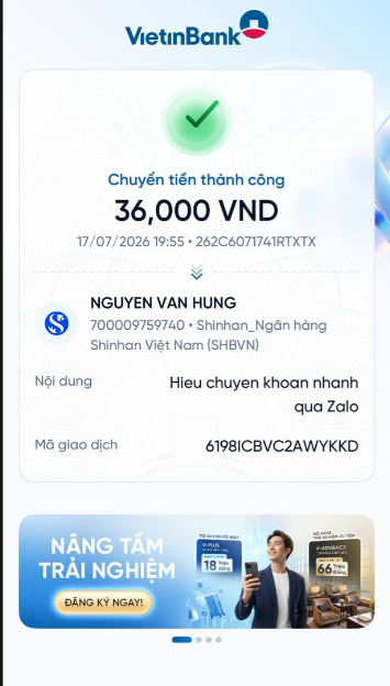 A VietinBank transfer success notification showing a successful transaction of 36,000 VND to Nguyen Van Hung at Shinhan Bank Vietnam, with a transaction code and Zalo reference.