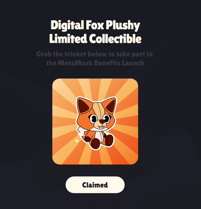The image features a page with an orange cat sitting inside of a square box, which appears to be the main focus. The surrounding content mainly consists of text that describes the limited collectible item as a digital fox plush toy stuffed animal. It also mentions that this particular item is a limited edition and can be claimed or confirmed through a claim button located at the bottom left corner of the image.