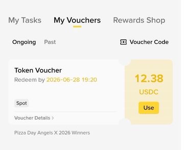 The image shows a screenshot of a Binance app showing the details of an event that happened six days ago at a cryptocurrency exchange named Binance Day Angels X. In the post, multiple people participated by completing various tasks or creating accounts on the exchange. The task description was for a Pizza Day Angel event, and several participants were recognized for their achievements in the months leading up to this event. There is also some text indicating that 12.38 USDC has been paid. This information indicates that Binance users have received payment for participating in this competition or milestone achievement.
