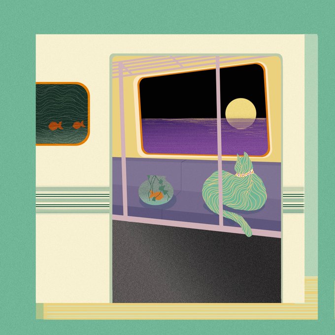 An illustrated scene of a green cat sitting on a bench looking out a train window at a moonlit ocean, with a fishbowl containing a goldfish nearby.